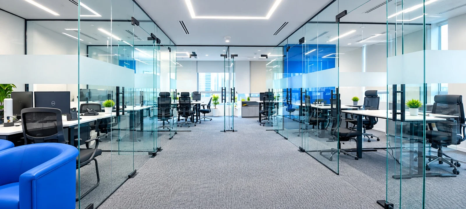 Office glass corridor and architectural linear LED lighting